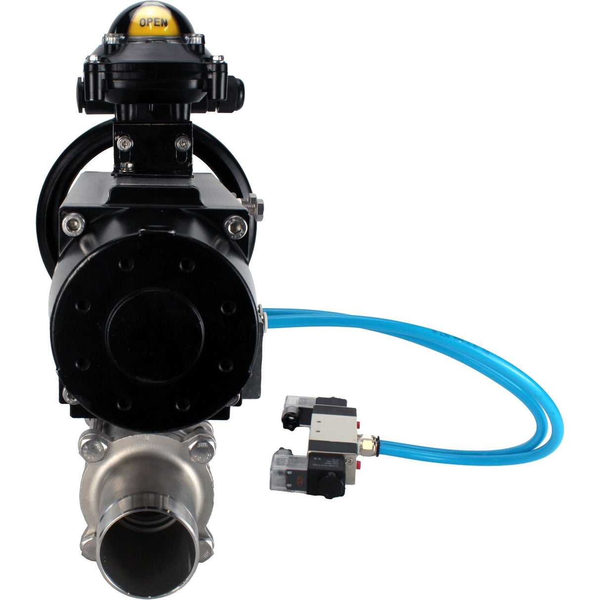 Ball valves Elephant BV3131P(3pc)-FP-W-ISO-H LONG,  body material - Stainless steel AISI 304, seal - PTFE / PTFE / Teflon, with pneumatic actuator double action PA-DA-105-1, 4V320-08 220V, LSU APL-210N