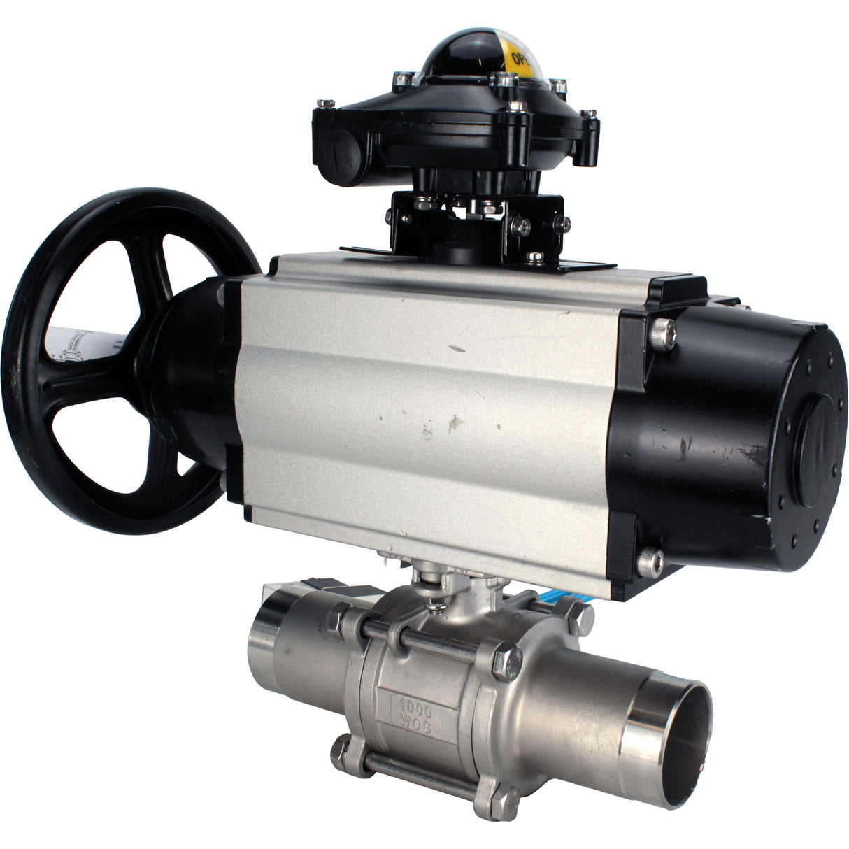 Ball valves Elephant BV3131P(3pc)-FP-W-ISO-H LONG,  body material - Stainless steel AISI 304, seal - PTFE / PTFE / Teflon, with pneumatic actuator double action PA-DA-105-1, 4V320-10 220V, LSU APL-210N