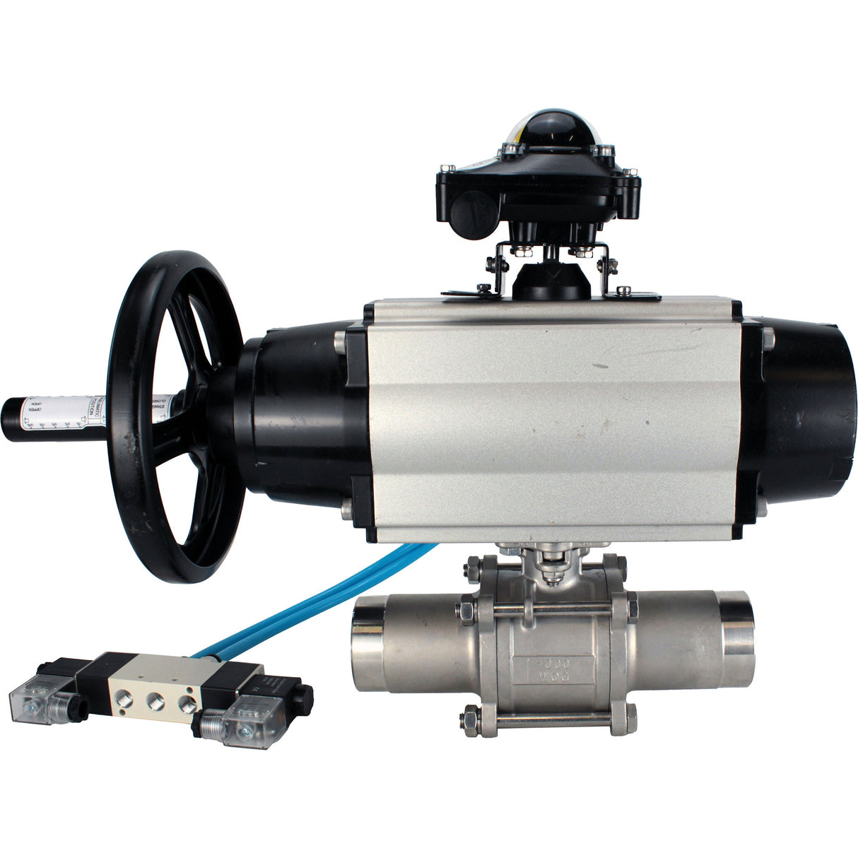 Ball valves Elephant BV3131P(3pc)-FP-W-ISO-H LONG,  body material - Stainless steel AISI 304, seal - PTFE / PTFE / Teflon, with pneumatic actuator double action PA-DA-105-1, 4V320-08 220V, LSU APL-210N