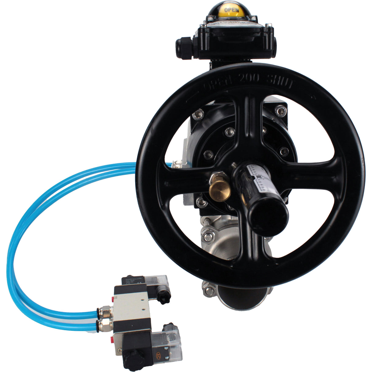 Ball valves Elephant BV3131P(3pc)-FP-W-ISO-H LONG,  body material - Stainless steel AISI 304, seal - PTFE / PTFE / Teflon, with pneumatic actuator double action PA-DA-105-1, 4V320-10 220V, LSU APL-210N