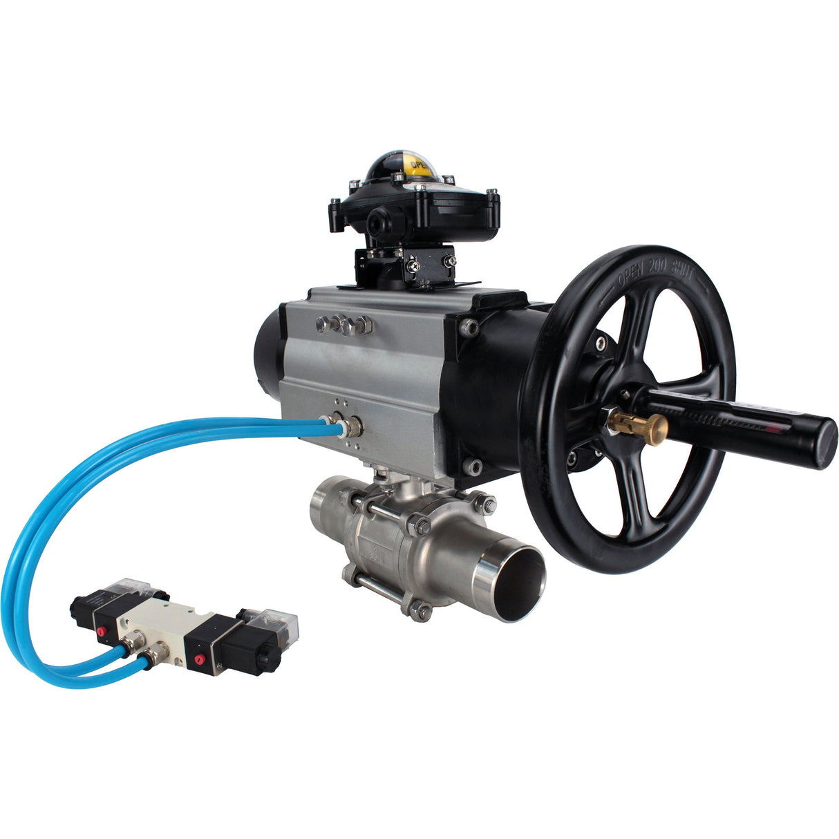 Ball valves Elephant BV3131P(3pc)-FP-W-ISO-H LONG,  body material - Stainless steel AISI 304, seal - PTFE / PTFE / Teflon, with pneumatic actuator double action PA-DA-105-1, 4V320-08 220V, LSU APL-210N