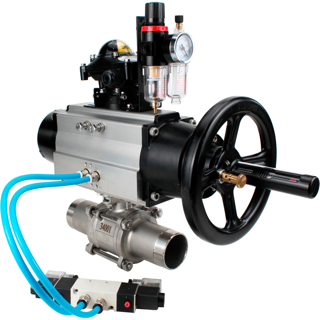 Ball valves Elephant BV3131P(3pc)-FP-W-ISO-H LONG,  body material - Stainless steel AISI 304, seal - PTFE / PTFE / Teflon, with pneumatic actuator double action PA-DA-105-1, 4V320-10 220V, LSU APL-210N, ATU AFC2000
