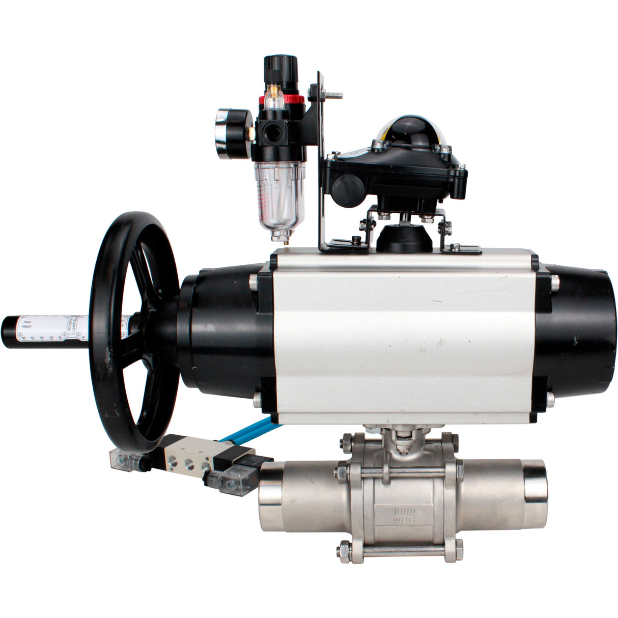 Ball valves Elephant BV3131P(3pc)-FP-W-ISO-H LONG,  body material - Stainless steel AISI 304, seal - PTFE / PTFE / Teflon, with pneumatic actuator double action PA-DA-105-1, 4V320-10 220V, LSU APL-210N, ATU AFC2000