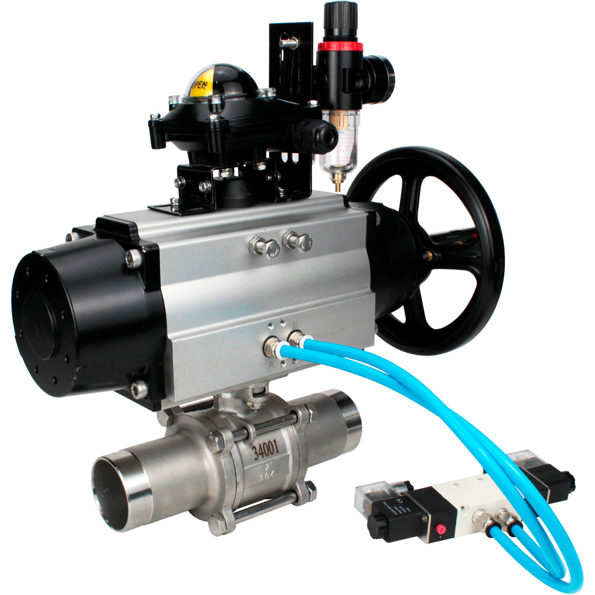 Ball valves Elephant BV3131P(3pc)-FP-W-ISO-H LONG,  body material - Stainless steel AISI 304, seal - PTFE / PTFE / Teflon, with pneumatic actuator double action PA-DA-105-1, 4V320-10 220V, LSU APL-210N, ATU AFC2000
