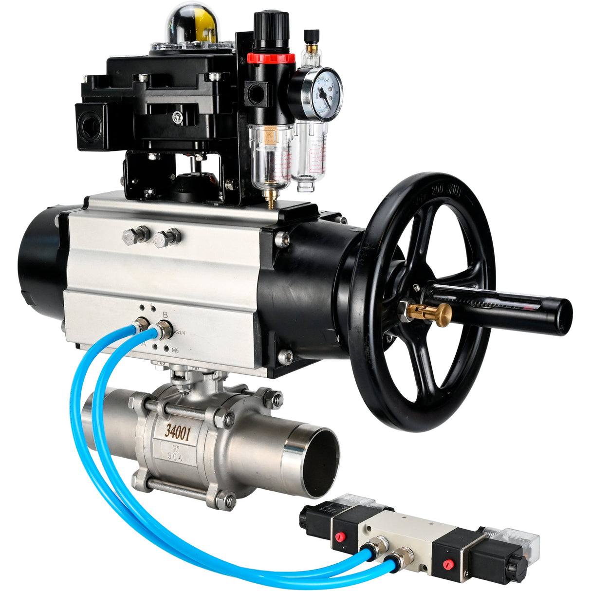 Ball valves Elephant BV3131P(3pc)-FP-W-ISO-H LONG,  body material - Stainless steel AISI 304, seal - PTFE / PTFE / Teflon, with pneumatic actuator double action PA-DA-105-1, 4V320-10 220V, LSU APL-410N Ex, ATU AFC2000