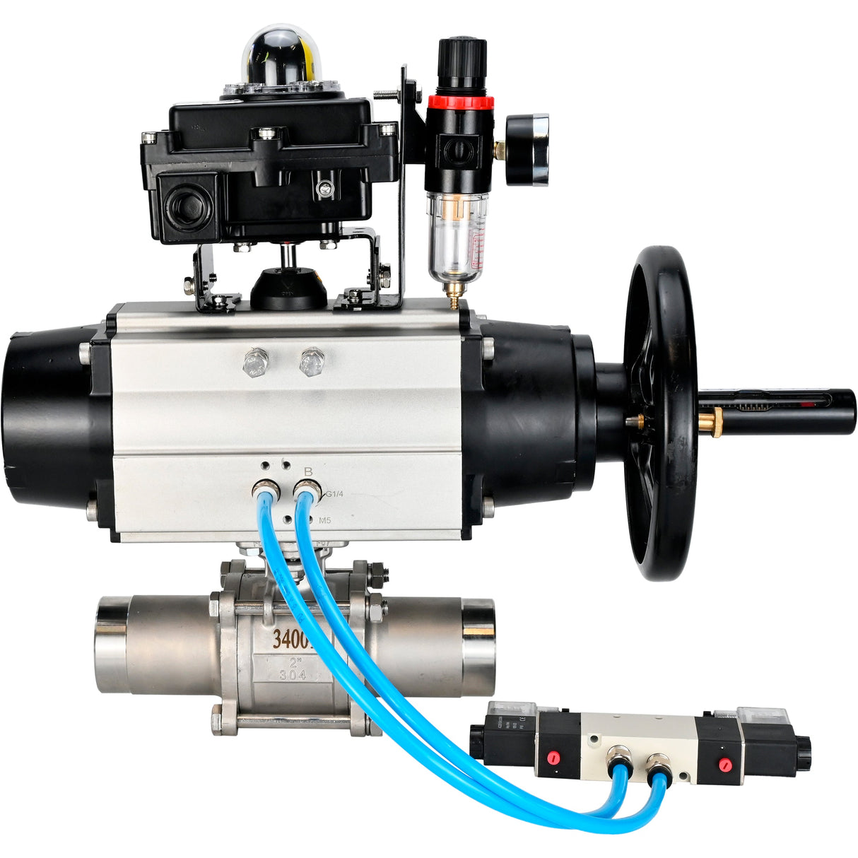 Ball valves Elephant BV3131P(3pc)-FP-W-ISO-H LONG,  body material - Stainless steel AISI 304, seal - PTFE / PTFE / Teflon, with pneumatic actuator double action PA-DA-105-1, 4V320-10 220V, LSU APL-410N Ex, ATU AFC2000