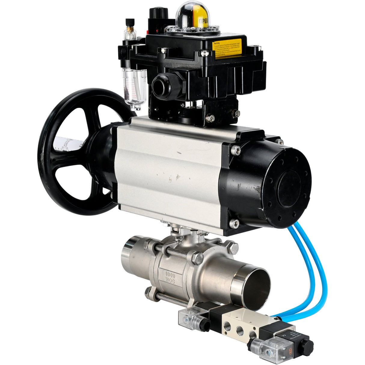Ball valves Elephant BV3131P(3pc)-FP-W-ISO-H LONG,  body material - Stainless steel AISI 304, seal - PTFE / PTFE / Teflon, with pneumatic actuator double action PA-DA-105-1, 4V320-10 220V, LSU APL-410N Ex, ATU AFC2000
