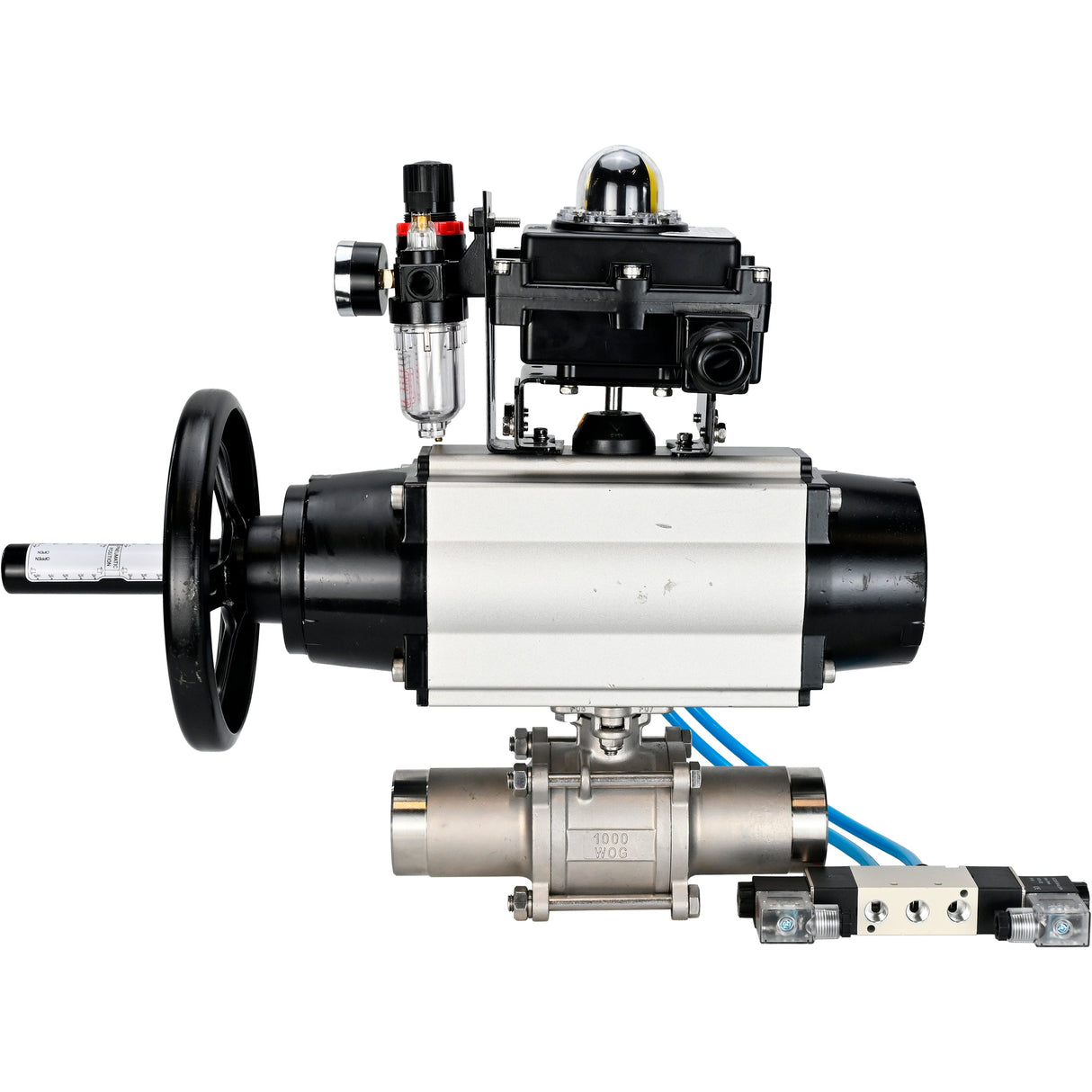 Ball valves Elephant BV3131P(3pc)-FP-W-ISO-H LONG,  body material - Stainless steel AISI 304, seal - PTFE / PTFE / Teflon, with pneumatic actuator double action PA-DA-105-1, 4V320-10 220V, LSU APL-410N Ex, ATU AFC2000