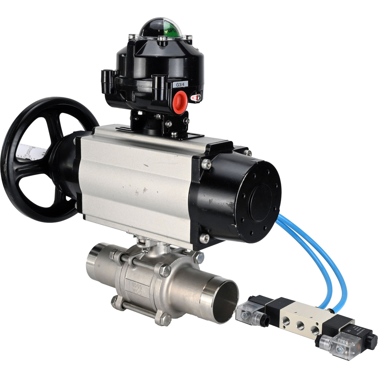 Ball valves Elephant BV3131P(3pc)-FP-W-ISO-H LONG,  body material - Stainless steel AISI 304, seal - PTFE / PTFE / Teflon, with pneumatic actuator double action PA-DA-105-1, 4V320-10 220V, LSU APL-510N Ex