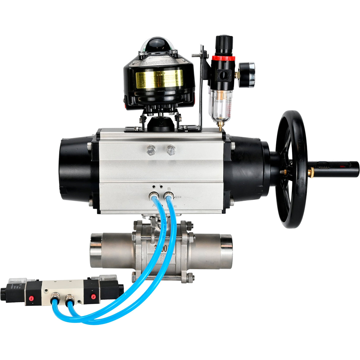 Ball valves Elephant BV3131P(3pc)-FP-W-ISO-H LONG,  body material - Stainless steel AISI 304, seal - PTFE / PTFE / Teflon, with pneumatic actuator double action PA-DA-105-1, 4V320-10 220V, LSU APL-510N Ex, ATU AFC2000