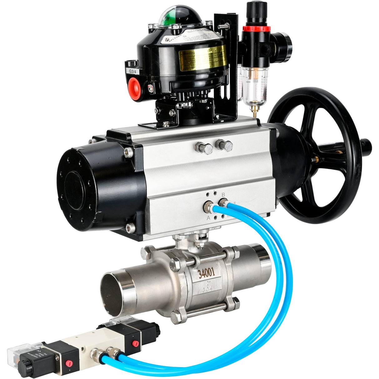 Ball valves Elephant BV3131P(3pc)-FP-W-ISO-H LONG,  body material - Stainless steel AISI 304, seal - PTFE / PTFE / Teflon, with pneumatic actuator double action PA-DA-105-1, 4V320-10 220V, LSU APL-510N Ex, ATU AFC2000