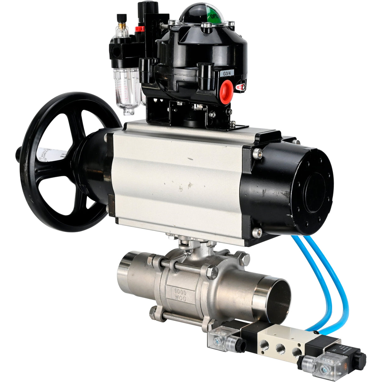Ball valves Elephant BV3131P(3pc)-FP-W-ISO-H LONG,  body material - Stainless steel AISI 304, seal - PTFE / PTFE / Teflon, with pneumatic actuator double action PA-DA-105-1, 4V320-10 220V, LSU APL-510N Ex, ATU AFC2000