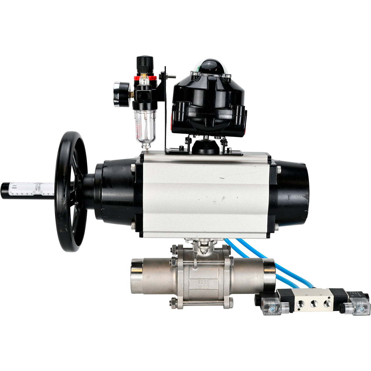 Ball valves Elephant BV3131P(3pc)-FP-W-ISO-H LONG,  body material - Stainless steel AISI 304, seal - PTFE / PTFE / Teflon, with pneumatic actuator double action PA-DA-105-1, 4V320-10 220V, LSU APL-510N Ex, ATU AFC2000