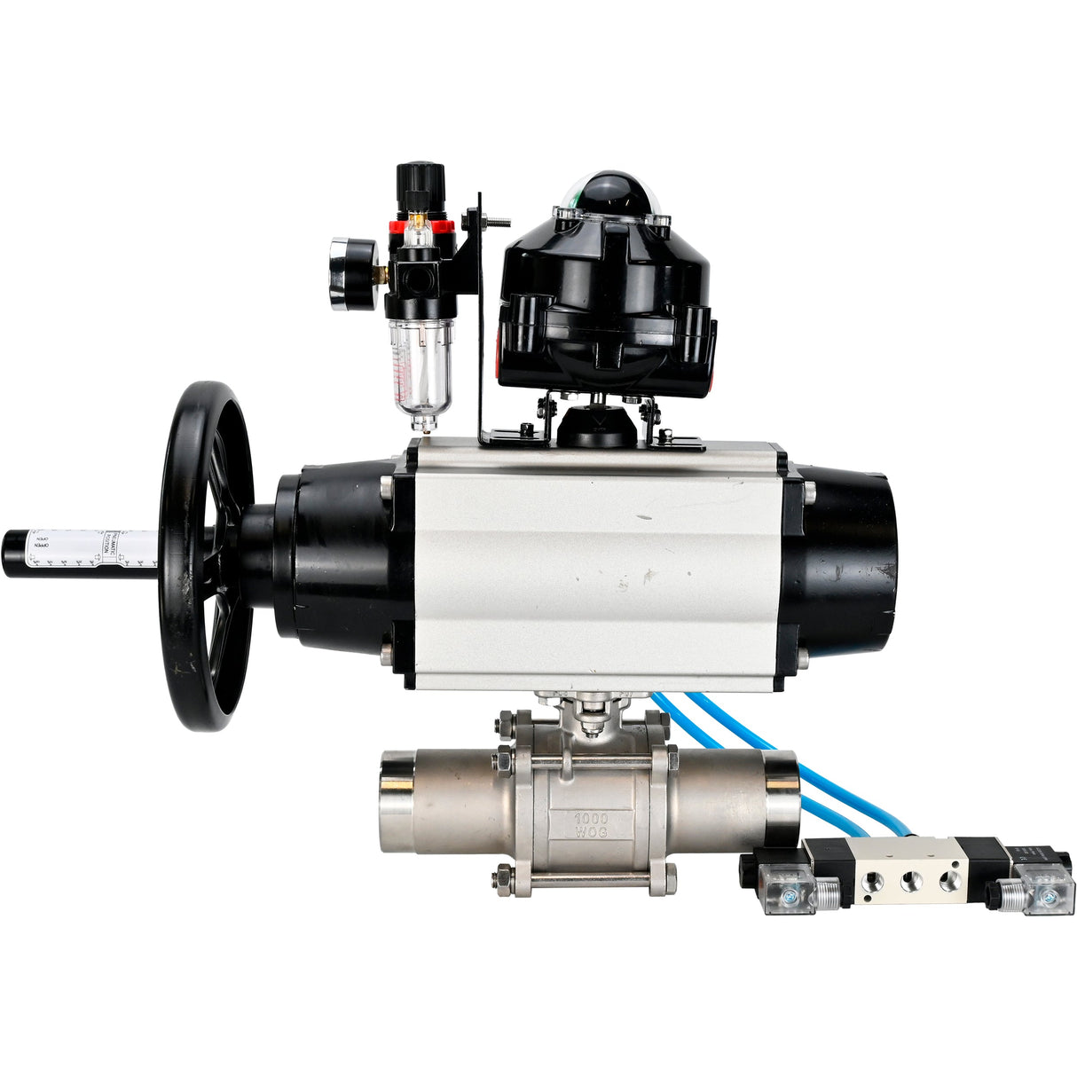 Ball valves Elephant BV3131P(3pc)-FP-W-ISO-H LONG,  body material - Stainless steel AISI 304, seal - PTFE / PTFE / Teflon, with pneumatic actuator double action PA-DA-105-1, 4V320-10 220V, LSU APL-510N Ex, ATU AFC2000