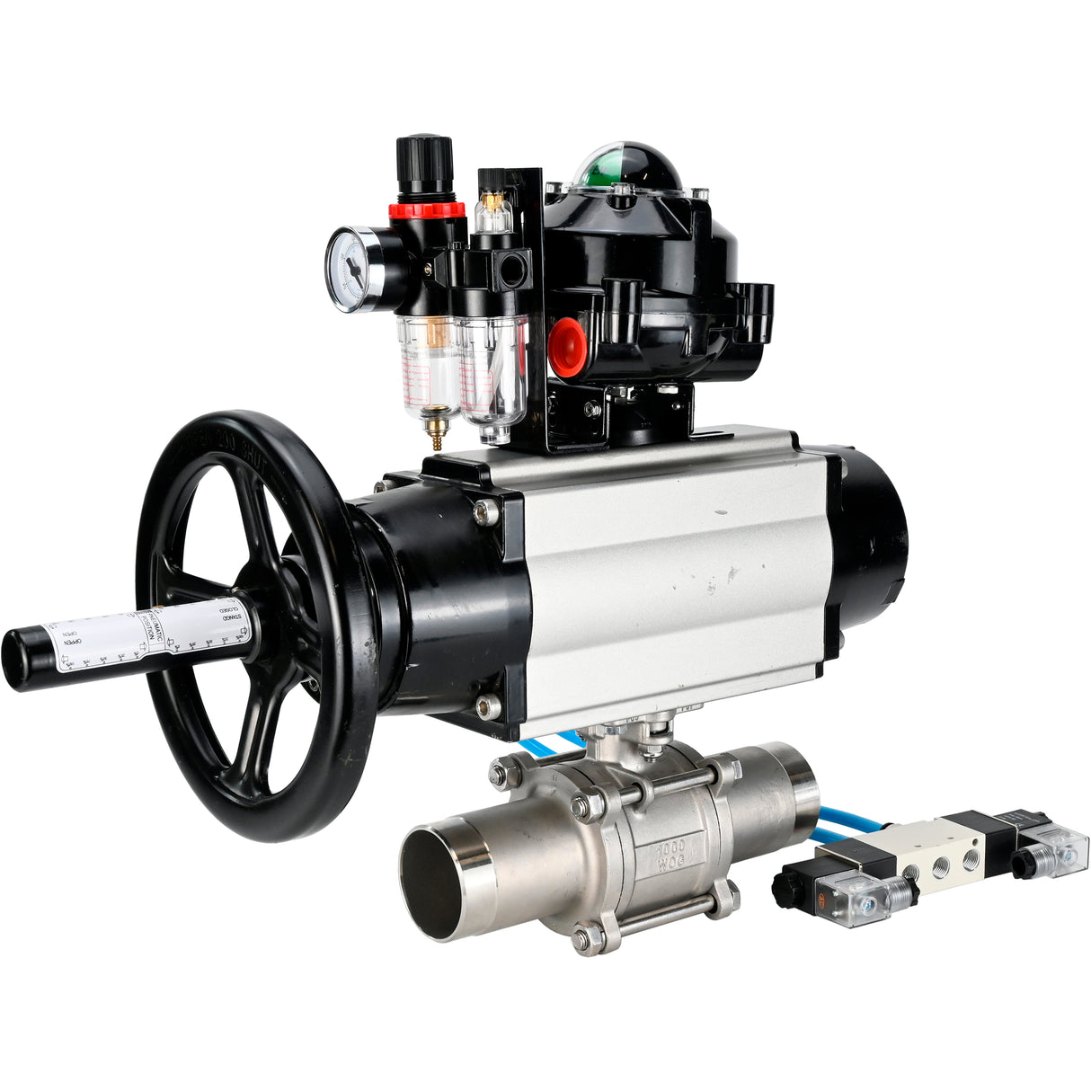 Ball valves Elephant BV3131P(3pc)-FP-W-ISO-H LONG,  body material - Stainless steel AISI 304, seal - PTFE / PTFE / Teflon, with pneumatic actuator double action PA-DA-105-1, 4V320-10 220V, LSU APL-510N Ex, ATU AFC2000