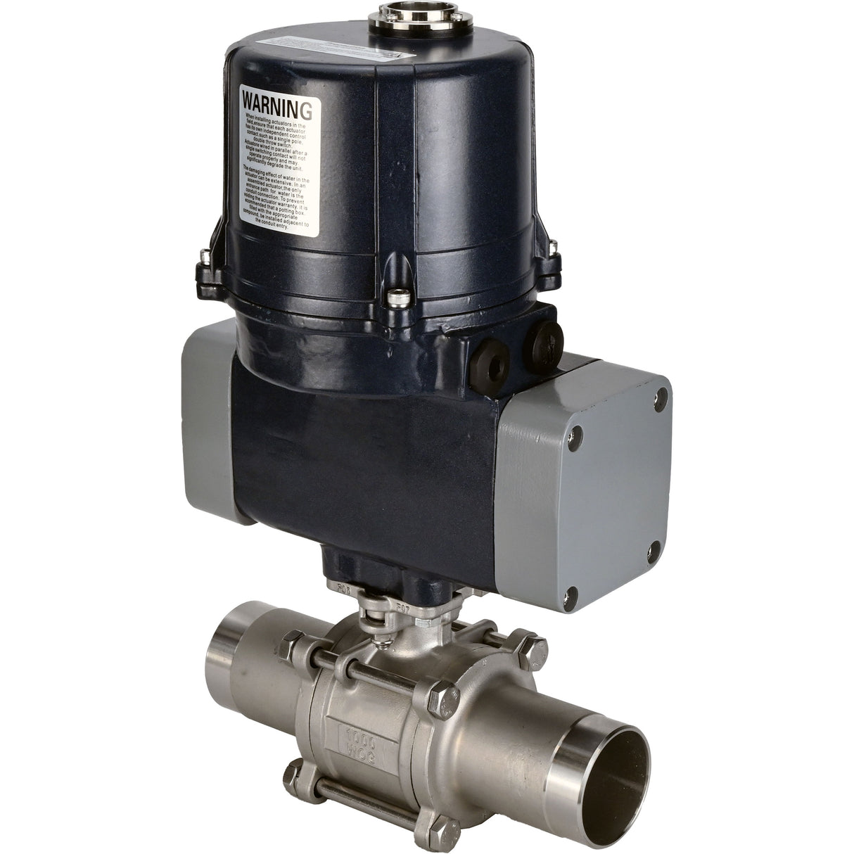Ball valves Elephant BV3131P(3pc)-FP-W-ISO-H LONG full bore, welded, body - stainless steel SS304, seal - PTFE, with electric quarter turn actuator Elephant QTSA-N-EM-O0-220VAC