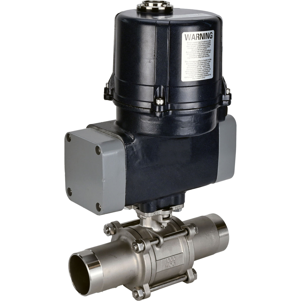 Ball valves Elephant BV3131P(3pc)-FP-W-ISO-H LONG full bore, welded, body - stainless steel SS304, seal - PTFE, with electric quarter turn actuator Elephant QTSA-N-EM-O0-220VAC