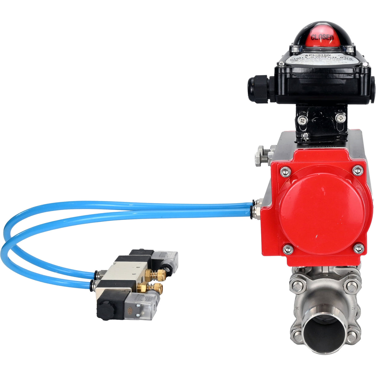 Ball valves Elephant BV3131P(3pc)-FP-W-ISO-H LONG full bore, body - stainless steel 304, for welding, with pneumatic actuator Elephant PA-SA, pneumatic distributor 4V320-08 220V and limit switch block APL-210N