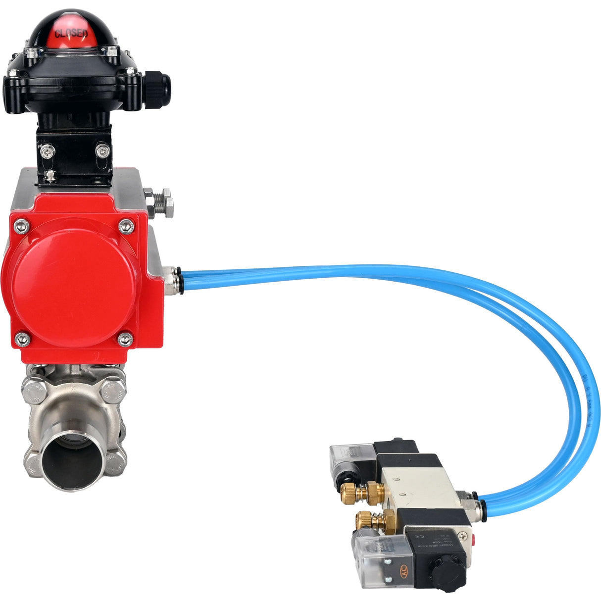 Ball valves Elephant BV3131P(3pc)-FP-W-ISO-H LONG full bore, body - stainless steel 304, for welding, with pneumatic actuator Elephant PA-SA, pneumatic distributor 4V320-08 220V and limit switch block APL-210N
