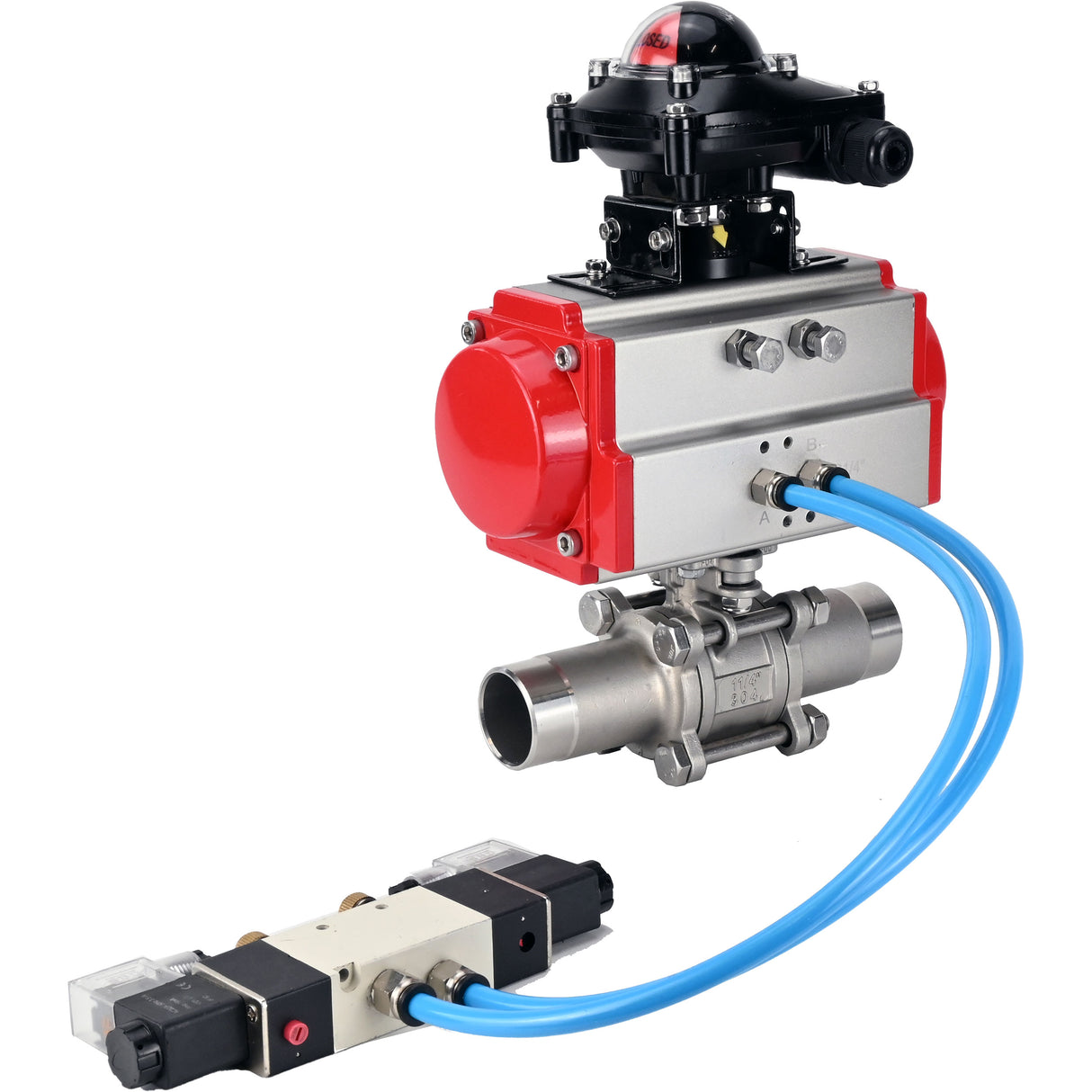 Ball valves Elephant BV3131P(3pc)-FP-W-ISO-H LONG full bore, body - stainless steel 304, welded, with pneumatic actuator Elephant PA-SA, pneumatic distributor 4V320-10 220V and limit switch block APL-210N