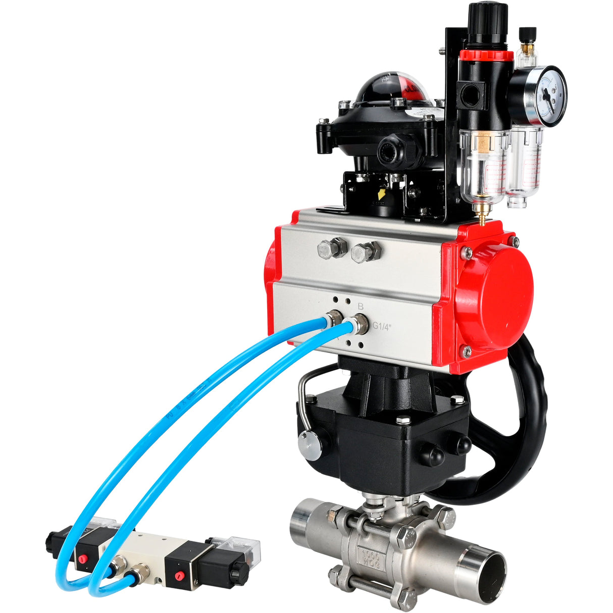 Ball valves Elephant BV3131P(3pc)-FP-W-ISO-H LONG DN50-150 full bore, body - stainless steel 304, for welding, with pneumatic actuator PA-DA, pneumatic distributor 4V320-10 220V, MON reducer, LSU APL-210N and ATU AFC2000