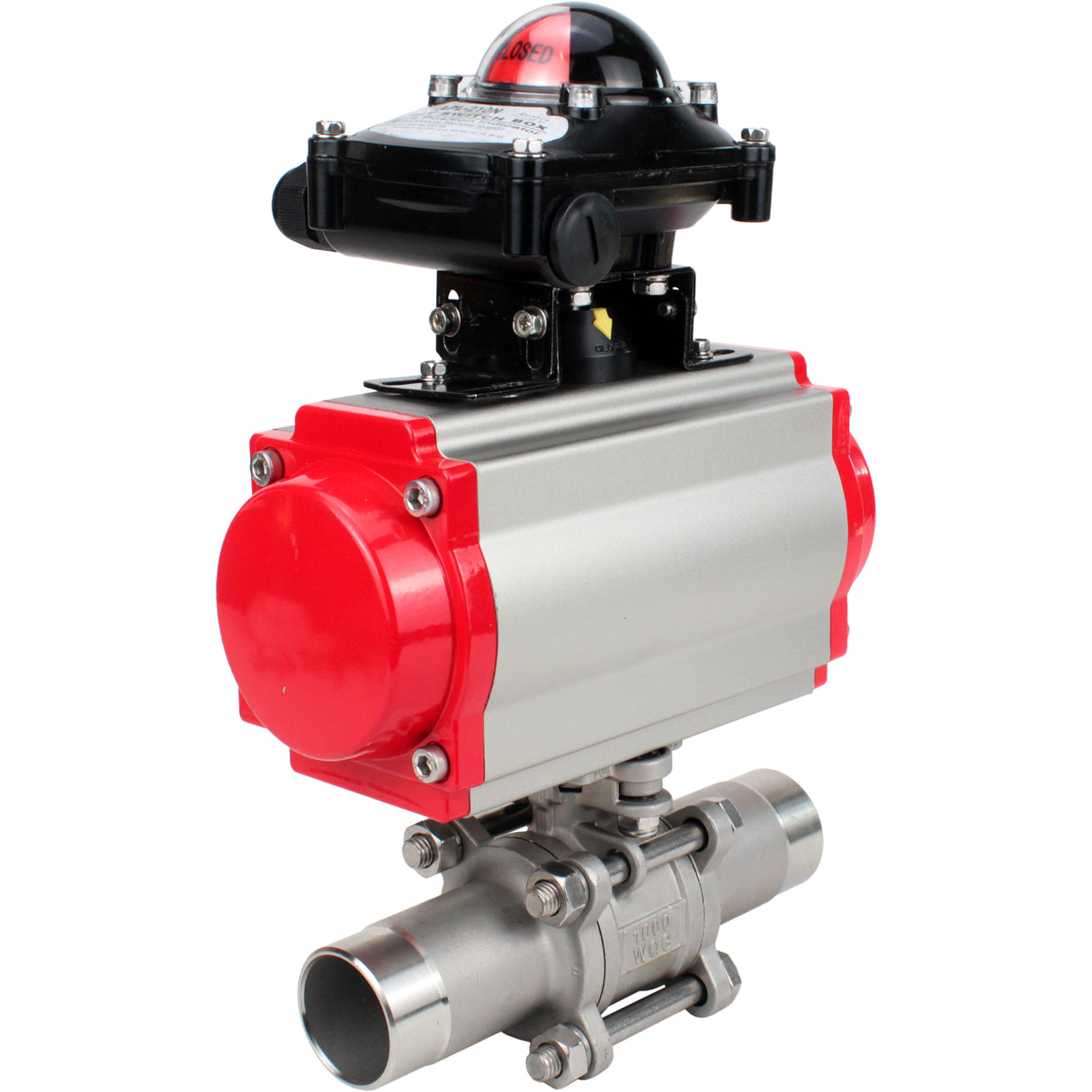 Ball valves Elephant BV3232P(3pc)-FP-W-ISO-H LONG DN10-150 full bore, body - stainless steel 316, welded, with pneumatic actuator Elephant PA-DA and limit switch block APL-210N