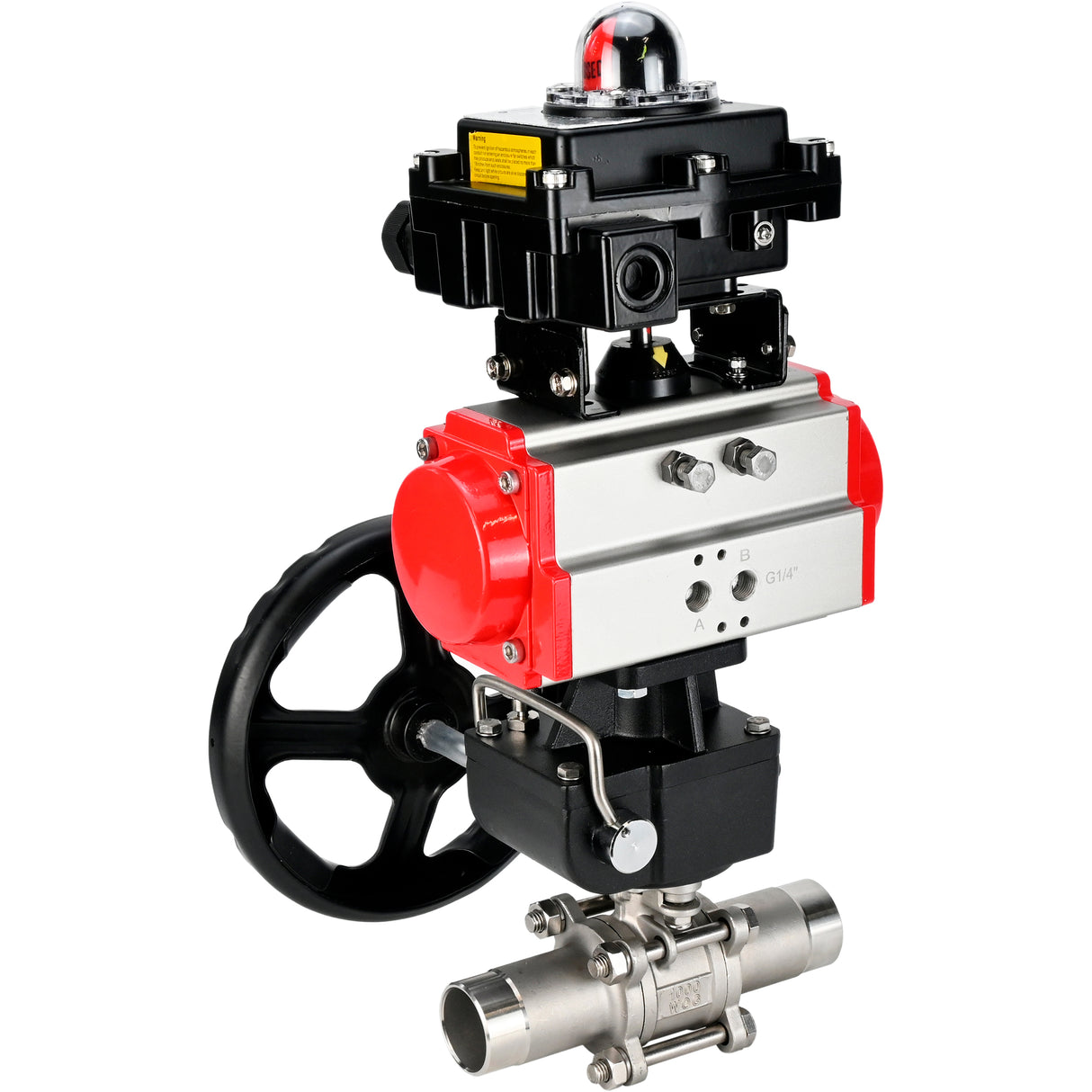 Ball valves Elephant BV3131P(3pc)-FP-W-ISO-H LONG DN50-150 full bore, body - stainless steel 304, welded, with Elephant PA-DA pneumatic actuator, Elephant MON gearbox and APL- limit switch block 410N EX