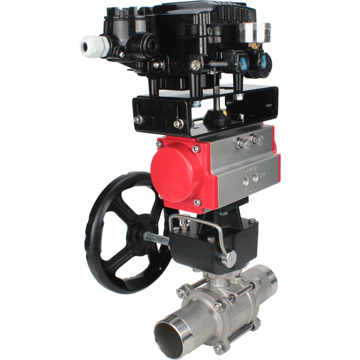 Ball valves Elephant BV3131P(3pc)-FP-W-ISO-H LONG DN50-150 full bore, body - stainless steel 304, welded, with Elephant PA-DA pneumatic actuator, Elephant MON reducer and YT-1000RSN pneumatic positioner