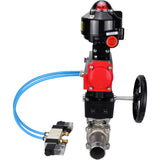 Ball valves Elephant BV3131P(3pc)-FP-W-ISO-H LONG,  body material - Stainless steel AISI 304, seal - PTFE / PTFE / Teflon, with pneumatic actuator double action PA-DA, 4V320-08 220V, LSU APL-510N Ex, handwheel MON