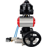 Ball valves Elephant BV3131P(3pc)-FP-W-ISO-H LONG,  body material - Stainless steel AISI 304, seal - PTFE / PTFE / Teflon, with pneumatic actuator double action PA-DA, 4V320-08 220V, LSU APL-510N Ex, handwheel MON
