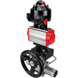 Ball valves Elephant BV3131P(3pc)-FP-W-ISO-H LONG,  body material - Stainless steel AISI 304, seal - PTFE / PTFE / Teflon, with pneumatic actuator double action PA-DA, 4V320-08 220V, LSU APL-510N Ex, handwheel MON
