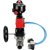 Ball valves Elephant BV3131P(3pc)-FP-W-ISO-H LONG,  body material - Stainless steel AISI 304, seal - PTFE / PTFE / Teflon, with pneumatic actuator double action PA-DA, 4V320-08 220V, LSU APL-510N Ex, handwheel MON