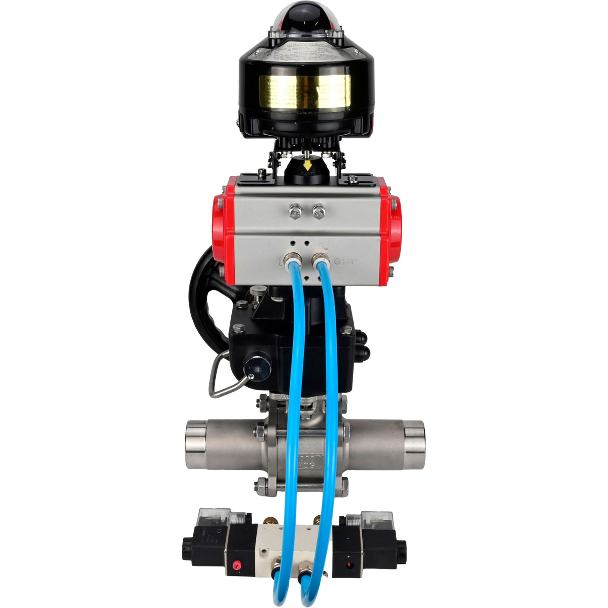 Ball valves Elephant BV3131P(3pc)-FP-W-ISO-H LONG,  body material - Stainless steel AISI 304, seal - PTFE / PTFE / Teflon, with pneumatic actuator double action PA-DA, 4V320-08 220V, LSU APL-510N Ex, handwheel MON