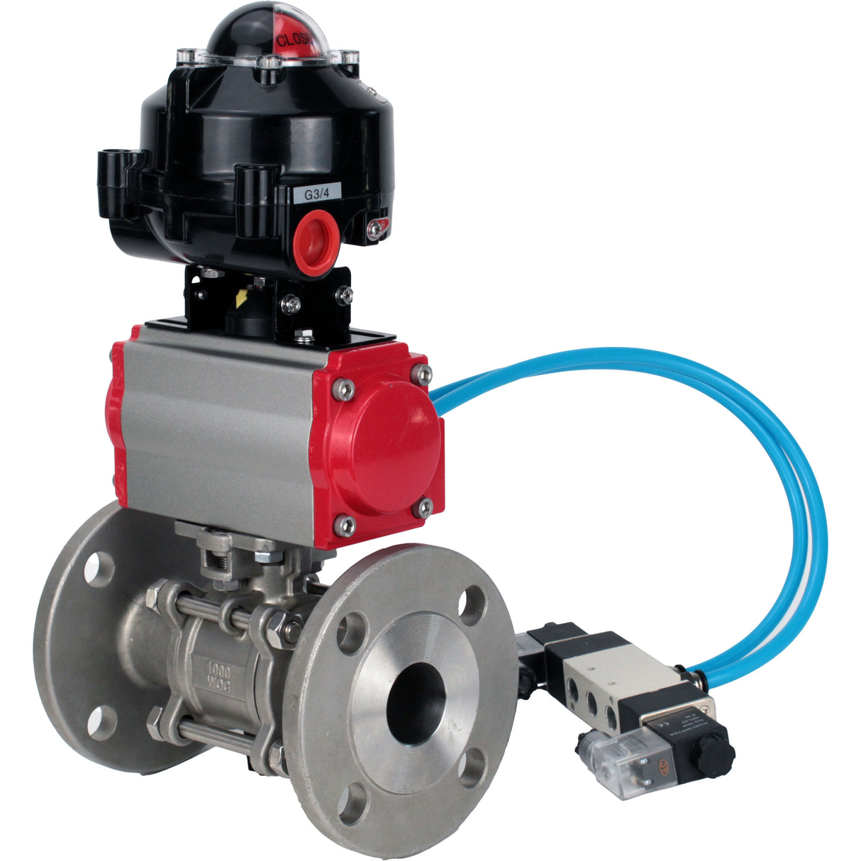 Ball valves Elephant BV3131P(3pc)-FP-F-ISO-H flanged, full bore, three-piece, body - stainless steel SS304, seal - PTFE, with pneumatic drive Elephant PA-DA 052-130 pneumatic distributor 4V320- 08 joining DN8 LSU APL-510N