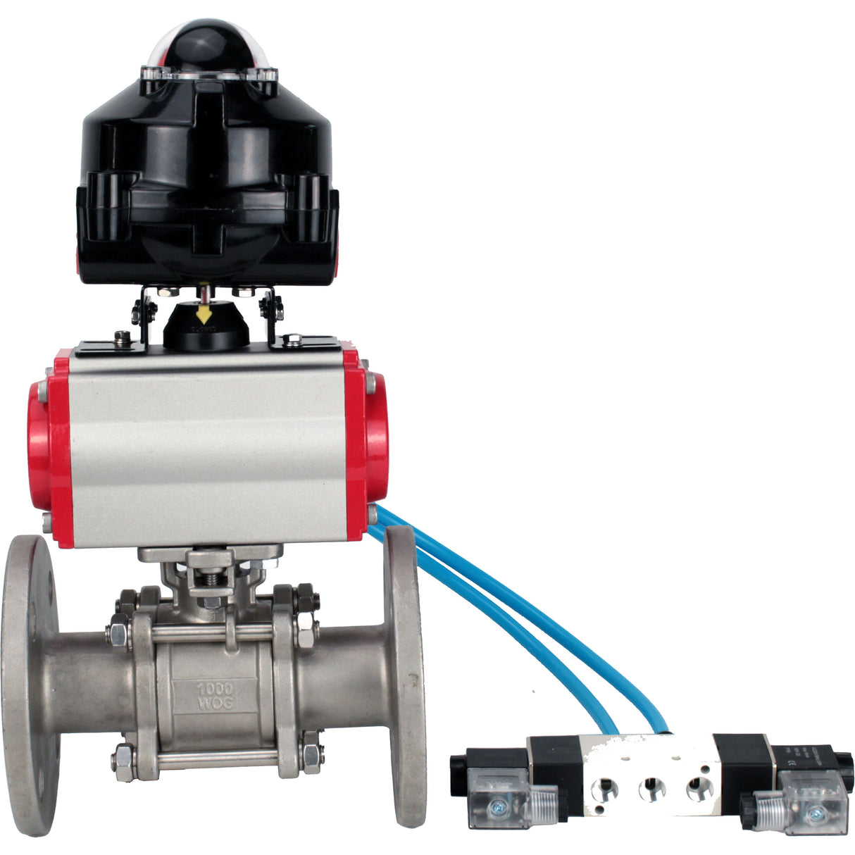 Ball valves Elephant BV3131P(3pc)-FP-F-ISO-H flanged, full bore, three-piece, body - stainless steel SS304, seal - PTFE, with pneumatic drive Elephant PA-DA 052-130 pneumatic distributor 4V320- 08 joining DN8 LSU APL-510N