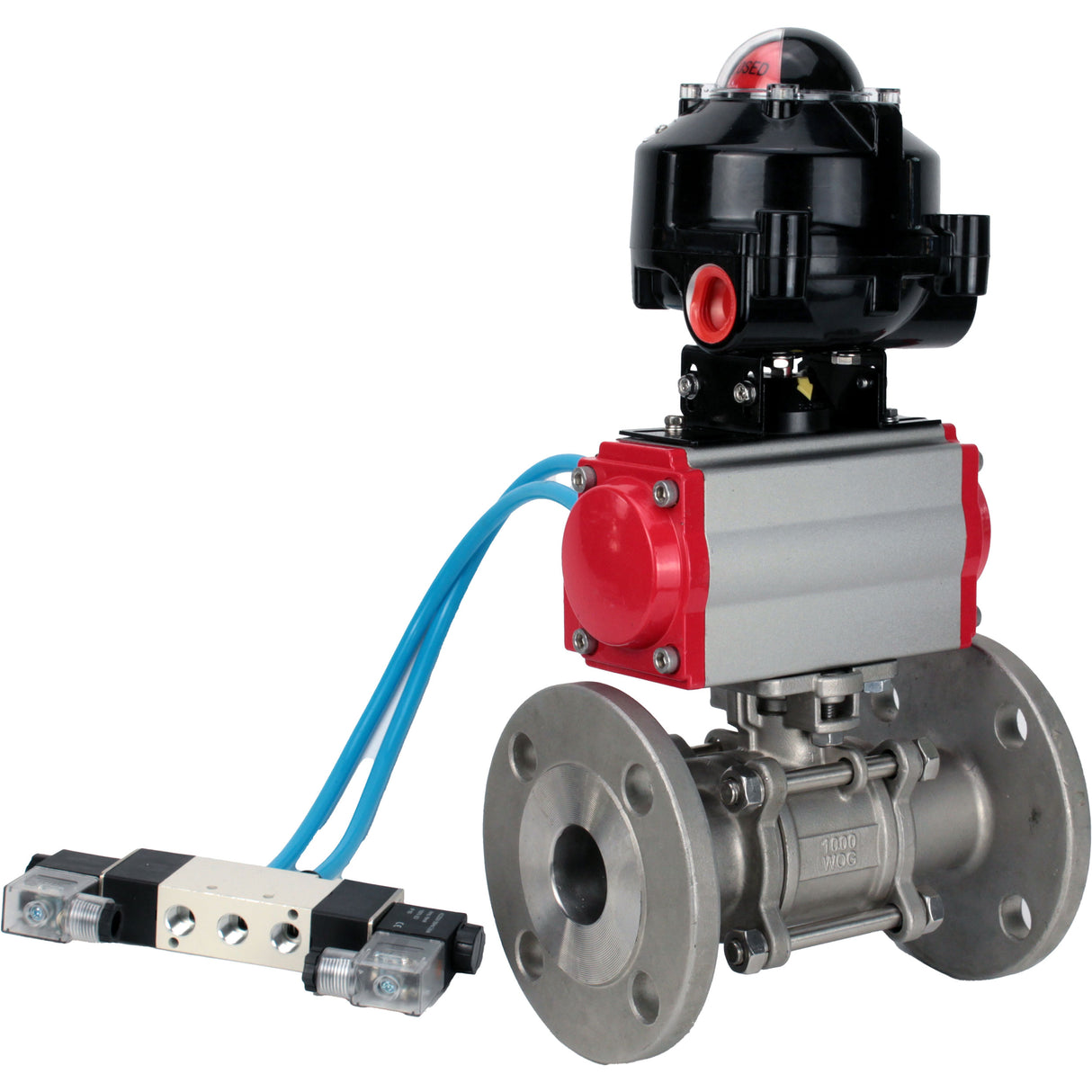 Ball valves Elephant BV3131P(3pc)-FP-F-ISO-H flanged, full bore, three-piece, body - stainless steel SS304, seal - PTFE, with pneumatic drive Elephant PA-DA 052-130 pneumatic distributor 4V320- 08 joining DN8 LSU APL-510N
