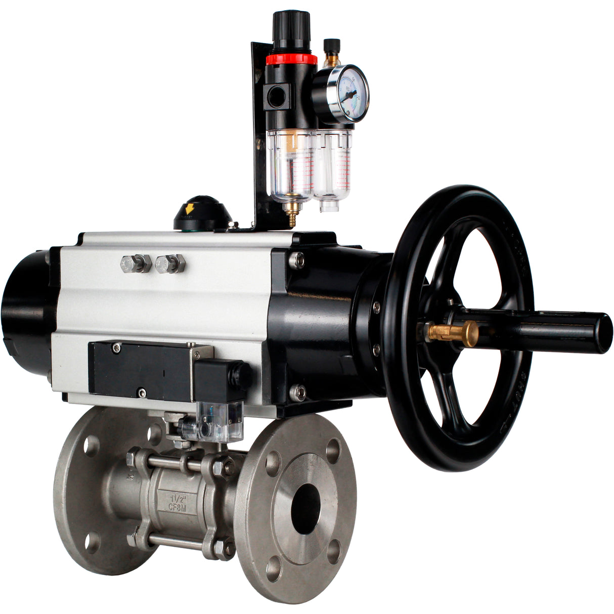 Ball valves Elephant BV3232P(3pc)-FP-F-ISO-H DN65-100 25/40 bar flanged with ISO flange, body - 316 stainless steel, full bore, seal - PTFE, with pneumatic drive PA-DA-105-1, pneumatic distributor 4M310-08 220V, ATU AFC2000