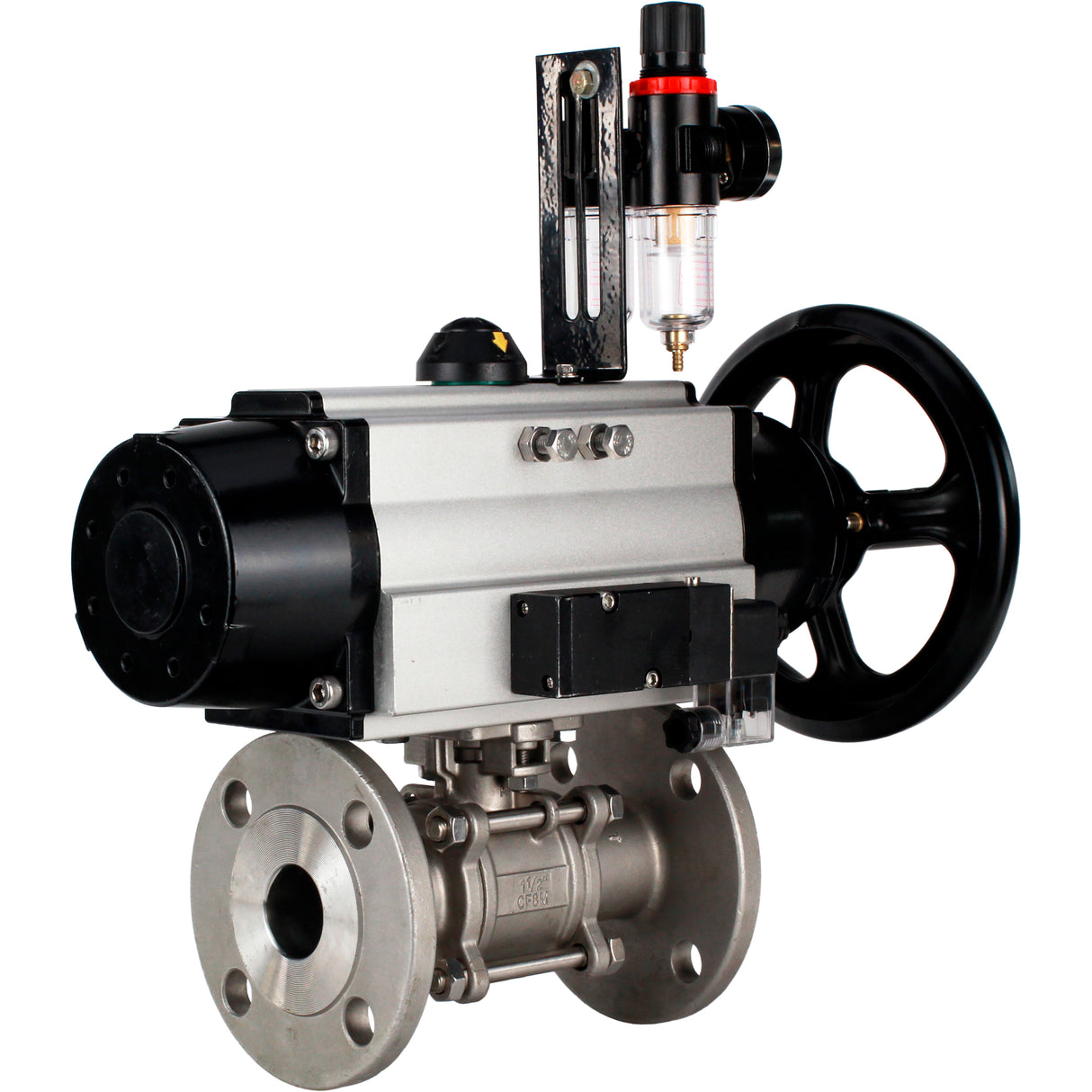Ball valves Elephant BV3232P(3pc)-FP-F-ISO-H DN65-100 25/40 bar flanged with ISO flange, body - 316 stainless steel, full bore, seal - PTFE, with pneumatic drive PA-DA-105-1, pneumatic distributor 4M310-08 220V, ATU AFC2000