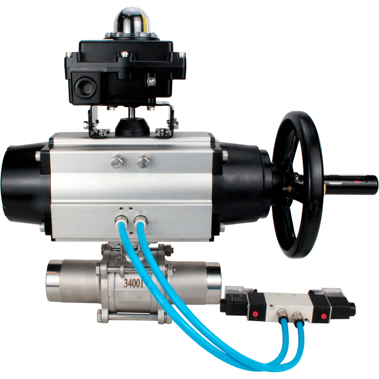 Ball valves Elephant BV3131P(3pc)-FP-W-ISO-H LONG,  body material - Stainless steel AISI 304, seal - PTFE / PTFE / Teflon, with pneumatic actuator double action PA-DA-105-1, 4V320-10 220V, LSU APL-410N Ex