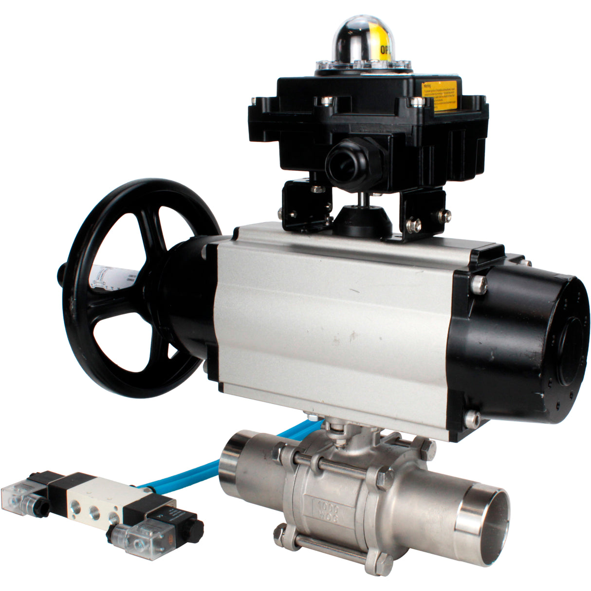 Ball valves Elephant BV3131P(3pc)-FP-W-ISO-H LONG,  body material - Stainless steel AISI 304, seal - PTFE / PTFE / Teflon, with pneumatic actuator double action PA-DA-105-1, 4V320-08 220V, LSU APL-410N Ex