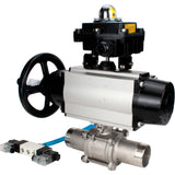 Ball valves Elephant BV3131P(3pc)-FP-W-ISO-H LONG,  body material - Stainless steel AISI 304, seal - PTFE / PTFE / Teflon, with pneumatic actuator double action PA-DA-105-1, 4V320-10 220V, LSU APL-410N Ex