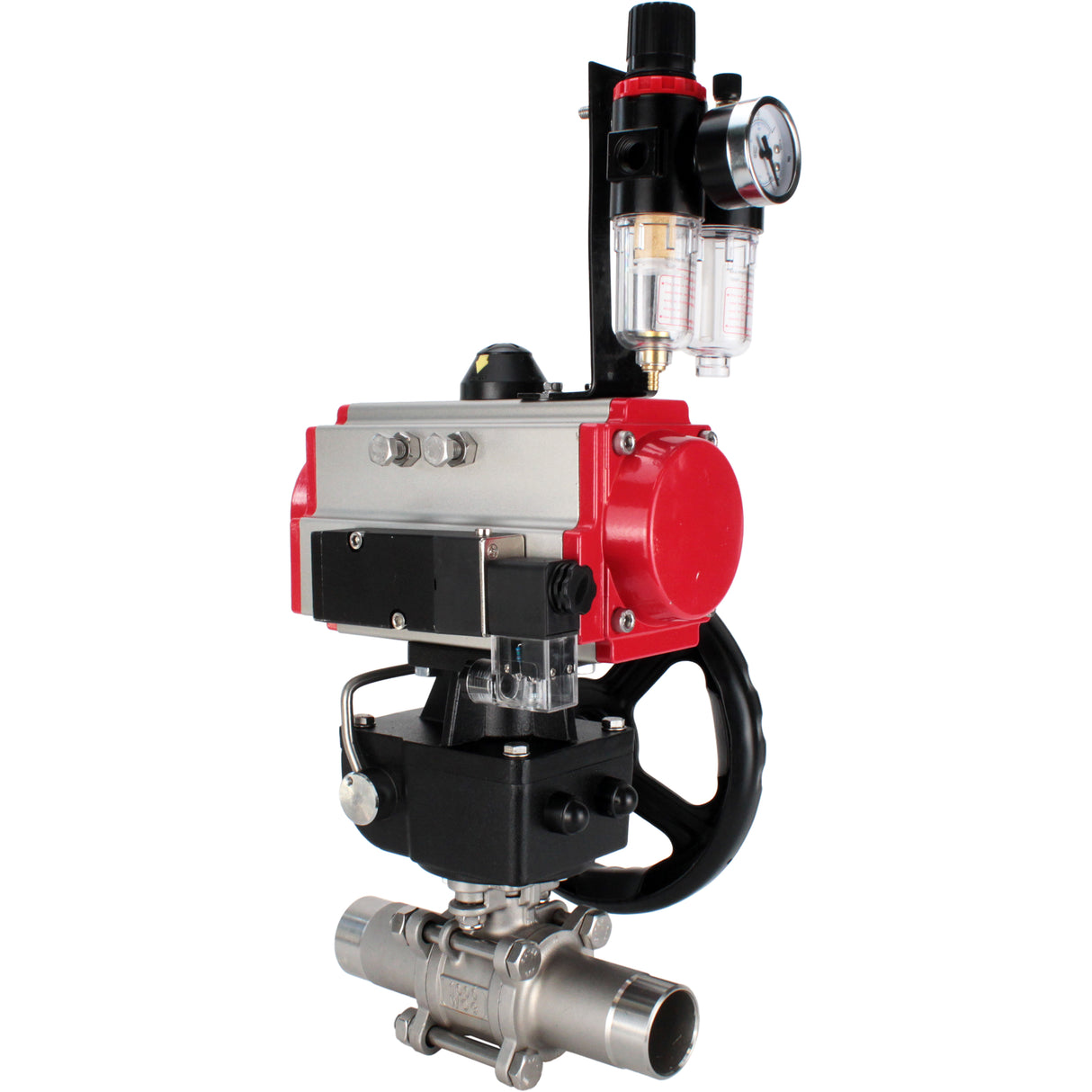 Ball valves Elephant BV3131P(3pc)-FP-W-ISO-H LONG full bore, body - stainless steel 304, for welding, with pneumatic actuator PA-DA, pneumatic distributor 4M310-08 24V, MON reducer and ATU AFC2000