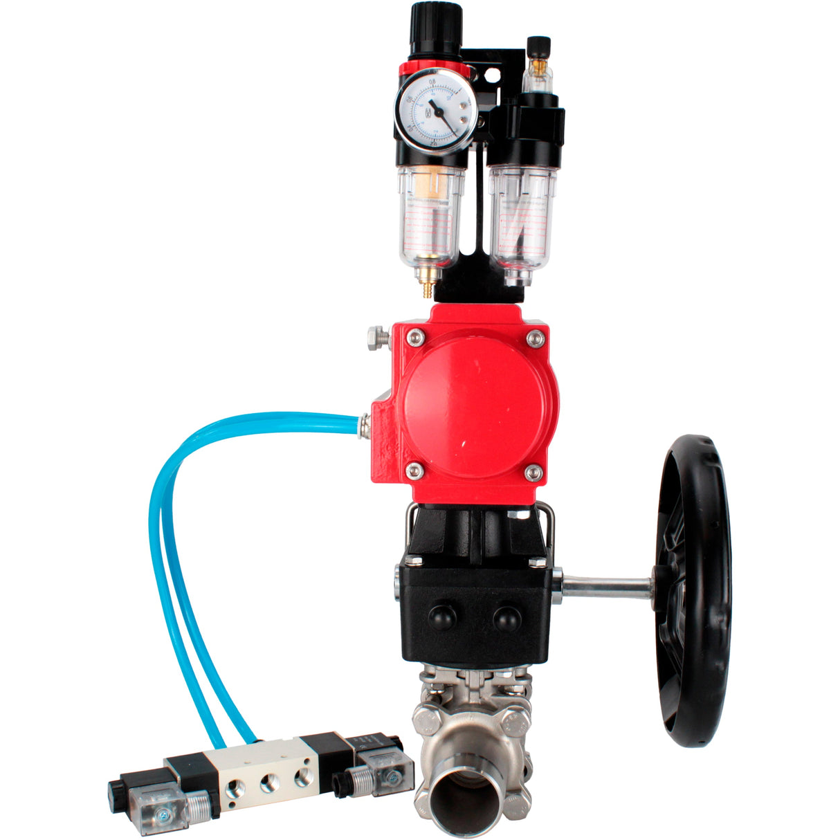 Ball valves Elephant BV3131P(3pc)-FP-W-ISO-H LONG full bore, body - stainless steel 304, for welding, with pneumatic actuator PA-DA, pneumatic distributor 4V320-10 220V, MON reducer and ATU AFC2000
