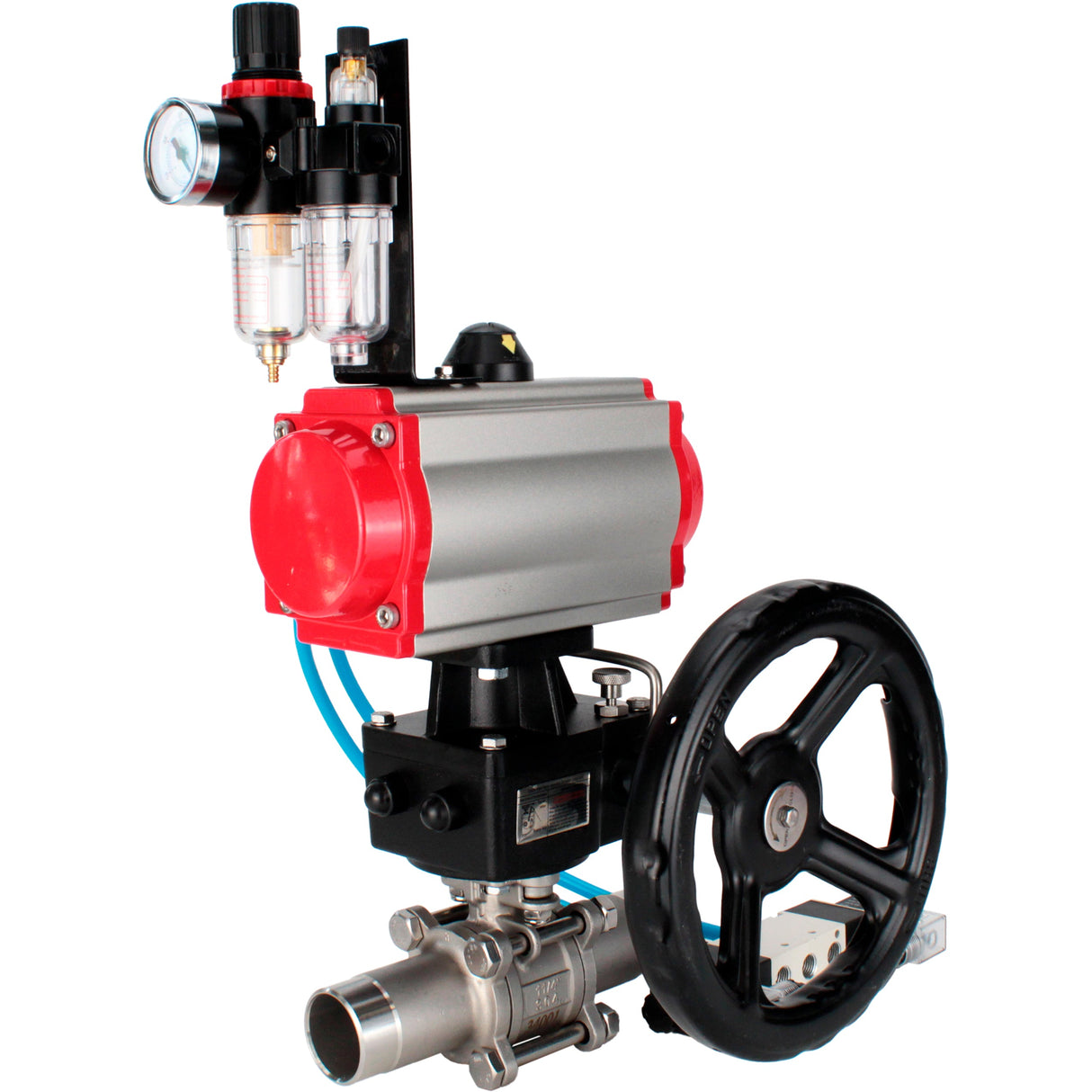 Ball valves Elephant BV3131P(3pc)-FP-W-ISO-H LONG full bore, body - stainless steel 304, for welding, with pneumatic actuator PA-DA, pneumatic distributor 4V320-10 220V, MON reducer and ATU AFC2000