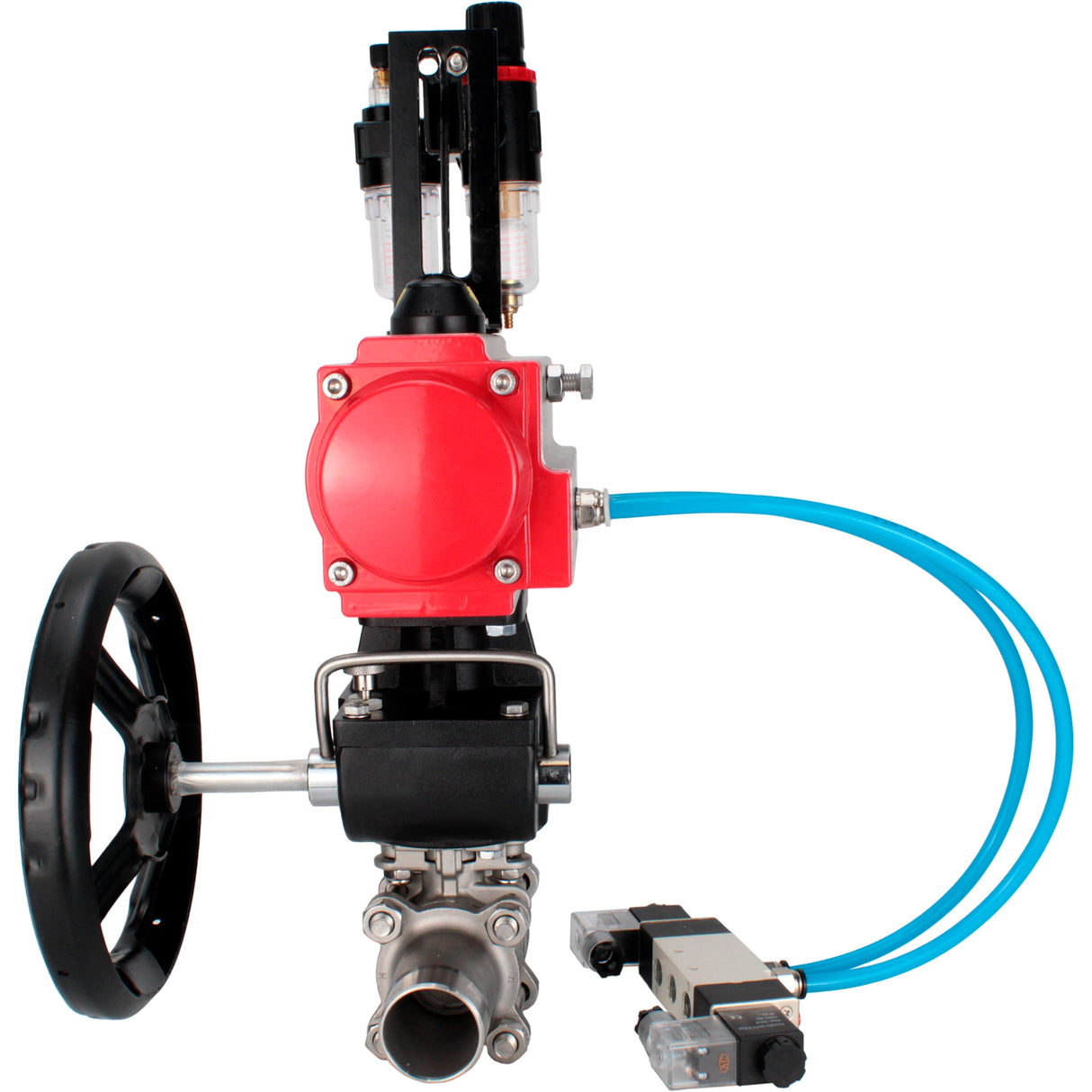 Ball valves Elephant BV3131P(3pc)-FP-W-ISO-H LONG full bore, body - stainless steel 304, for welding, with pneumatic actuator PA-DA, pneumatic distributor 4V320-10 220V, MON reducer and ATU AFC2000