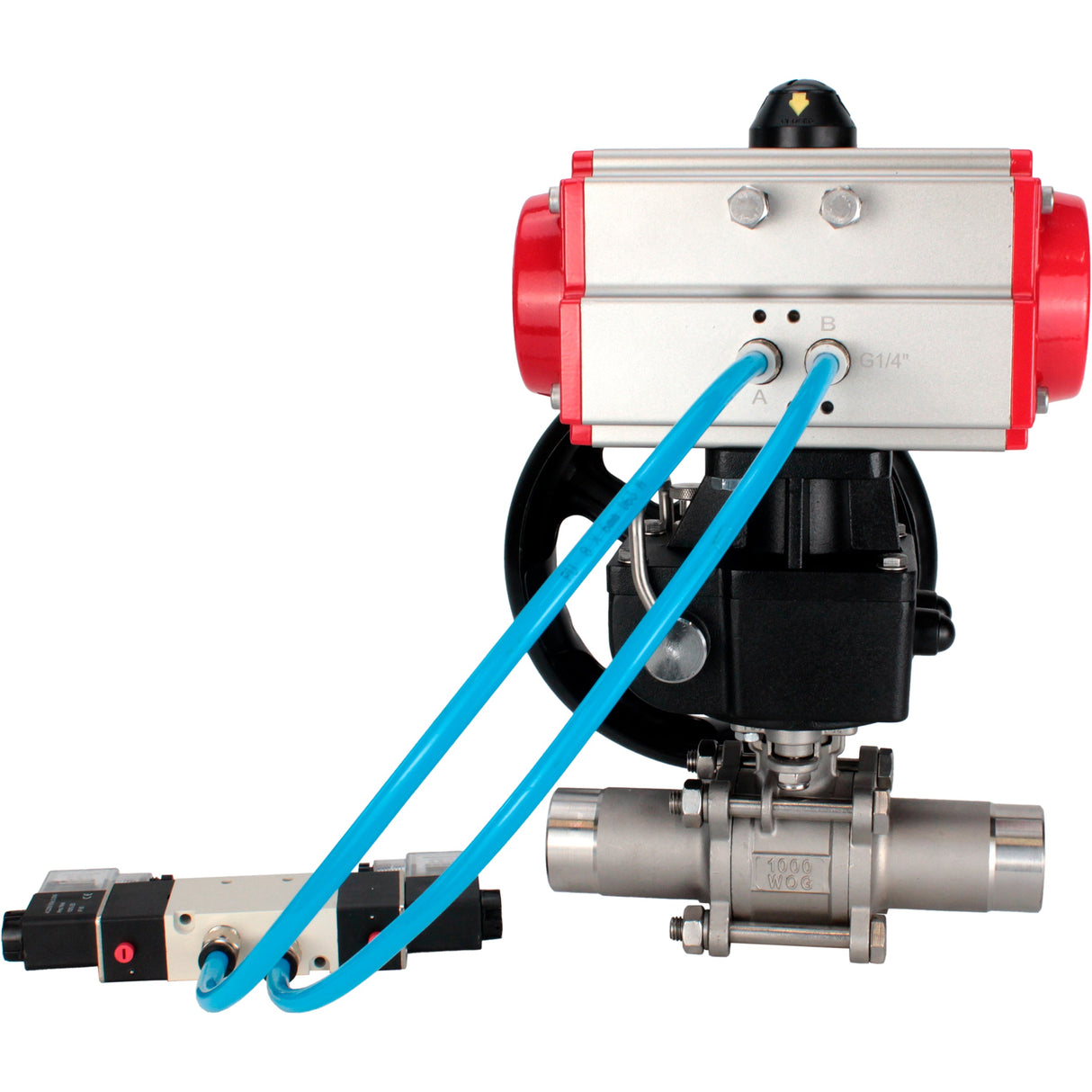 Ball valves Elephant BV3131P(3pc)-FP-W-ISO-H LONG full bore, body - stainless steel 304, for welding, with pneumatic actuator PA-DA, pneumatic distributor 4V320-08 220V and MON reducer