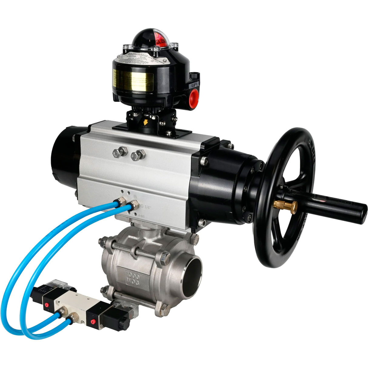 Ball valves Elephant BV3232P(3pc)-FP-W-ISO-H,  body material - Stainless steel AISI 316, seal - PTFE / PTFE / Teflon, with pneumatic actuator double action PA-DA-105-1, 4V320-10 220V, LSU APL-510N Ex