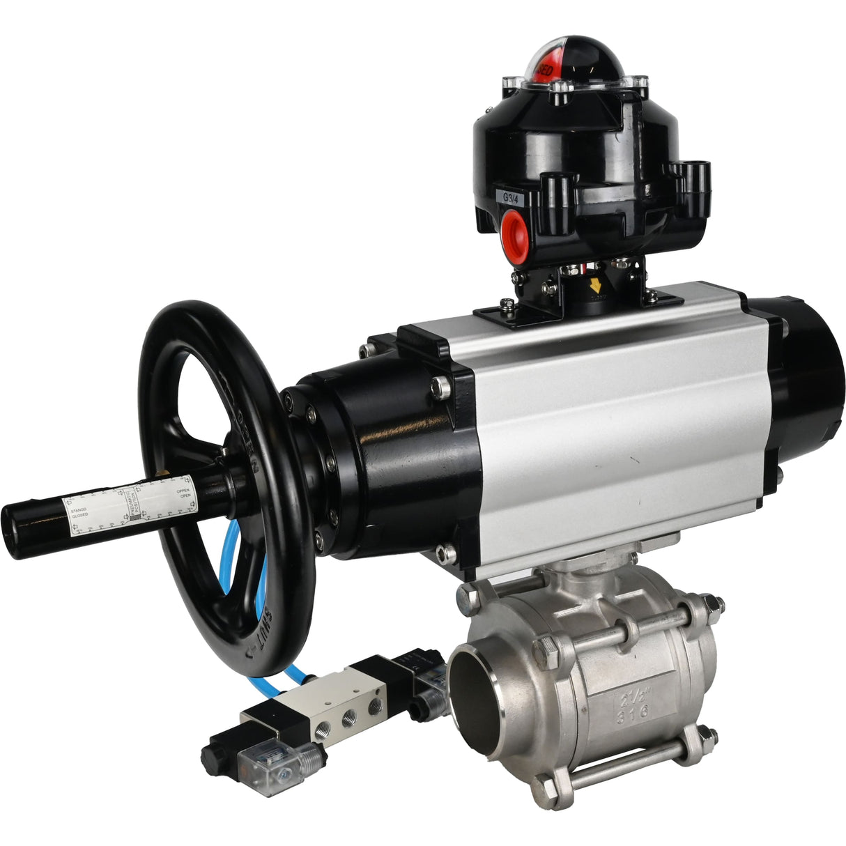 Ball valves Elephant BV3232P(3pc)-FP-W-ISO-H,  body material - Stainless steel AISI 316, seal - PTFE / PTFE / Teflon, with pneumatic actuator double action PA-DA-105-1, 4V320-10 220V, LSU APL-510N Ex