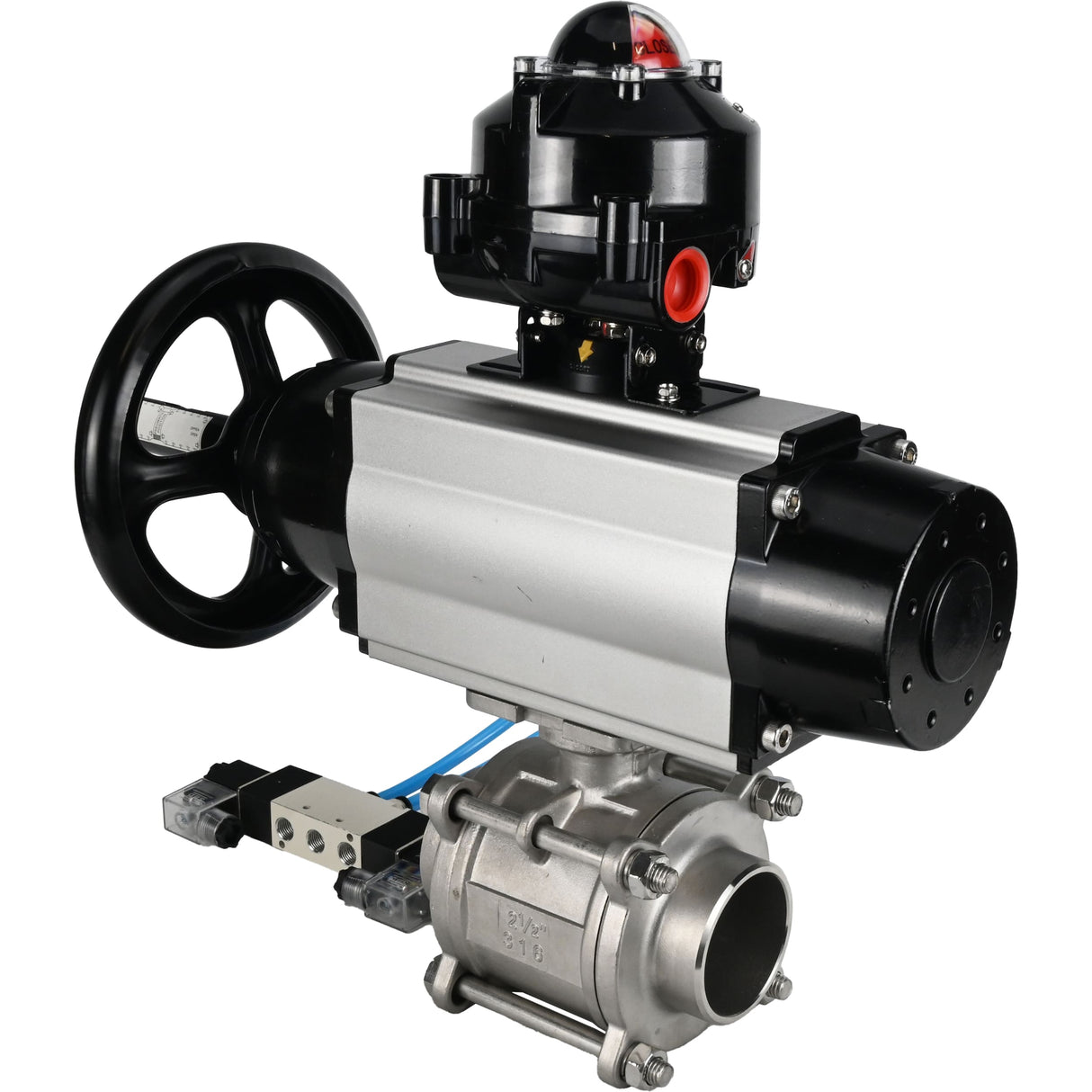 Ball valves Elephant BV3232P(3pc)-FP-W-ISO-H,  body material - Stainless steel AISI 316, seal - PTFE / PTFE / Teflon, with pneumatic actuator double action PA-DA-105-1, 4V320-10 220V, LSU APL-510N Ex