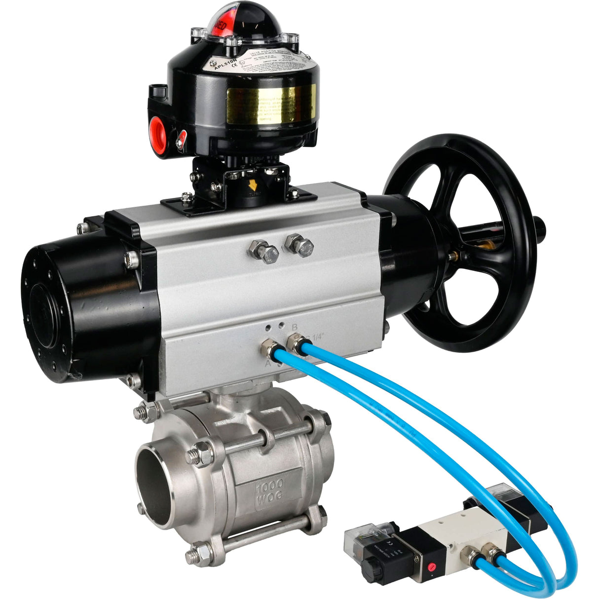 Ball valves Elephant BV3232P(3pc)-FP-W-ISO-H,  body material - Stainless steel AISI 316, seal - PTFE / PTFE / Teflon, with pneumatic actuator double action PA-DA-105-1, 4V320-10 220V, LSU APL-510N Ex